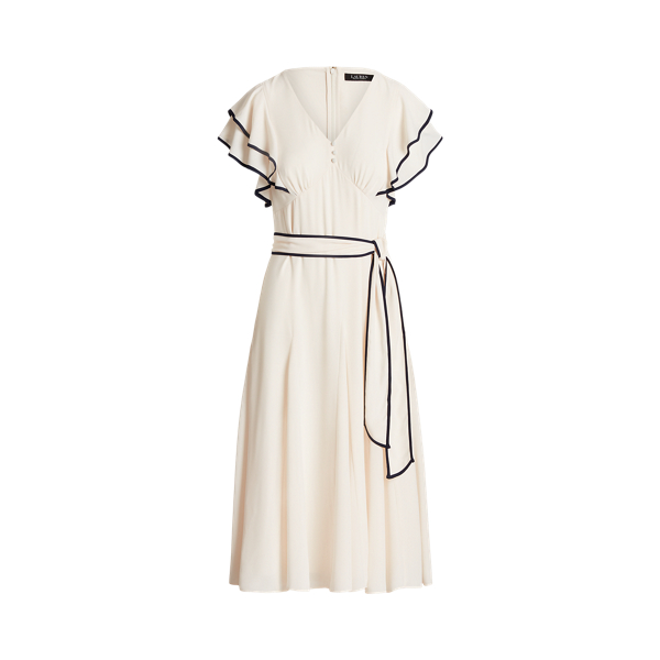 Belted Georgette Flutter-Sleeve Dress Lauren 1
