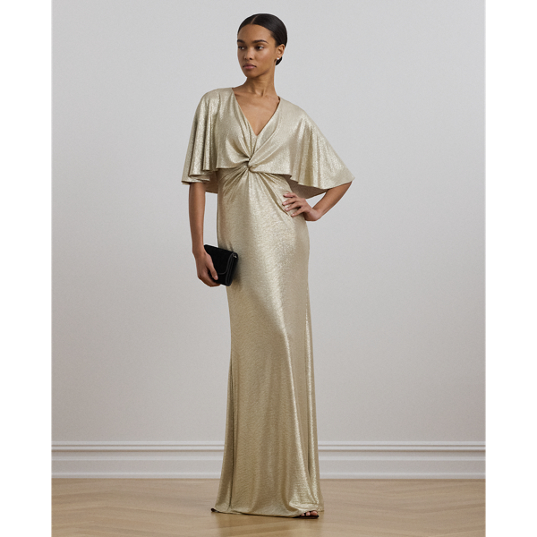 Birch Tan/Gold Foil Robe de soirée cape en jersey métallisé Lauren 1