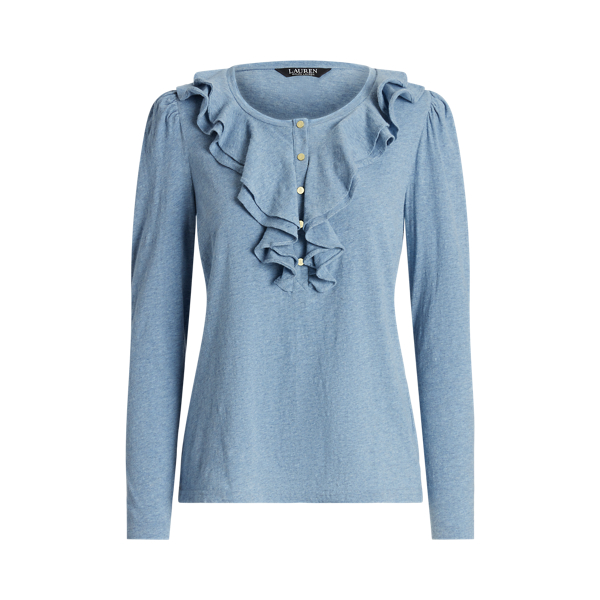 Ruffle-Trim Jersey Henley Top Lauren 1