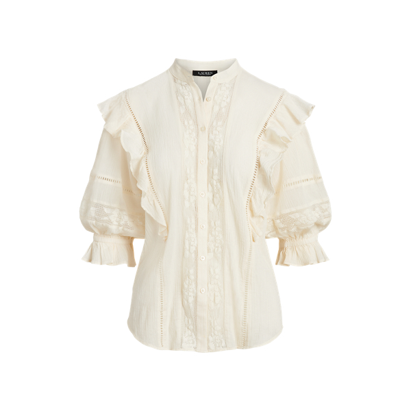 Lace-Trim Crinkle Cotton Shirt Lauren 1