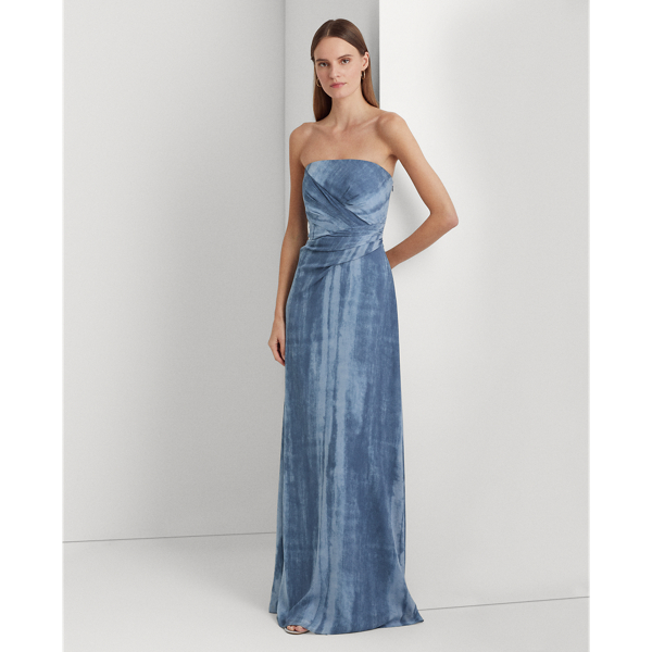 Tie-Dye-Print Georgette Strapless Gown