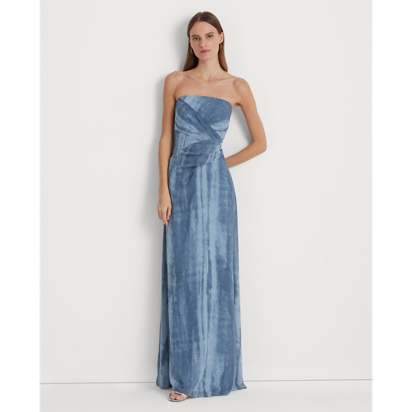 Tie Dye Print Georgette Strapless Gown