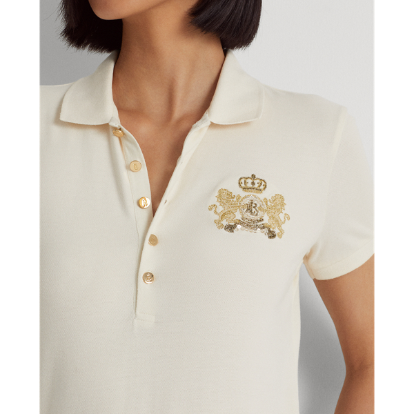 Mascarpone Cream Beaded-Crest Piqu&eacute; Polo Shirt Lauren Petite 5