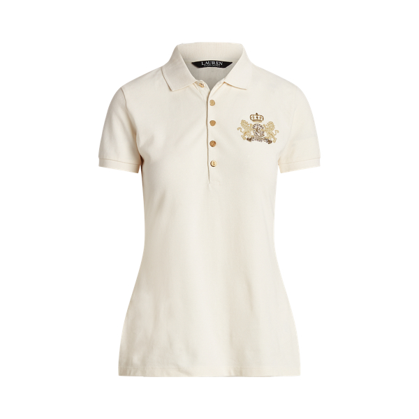 Mascarpone Cream Beaded-Crest Piqu&eacute; Polo Shirt Lauren Petite 2