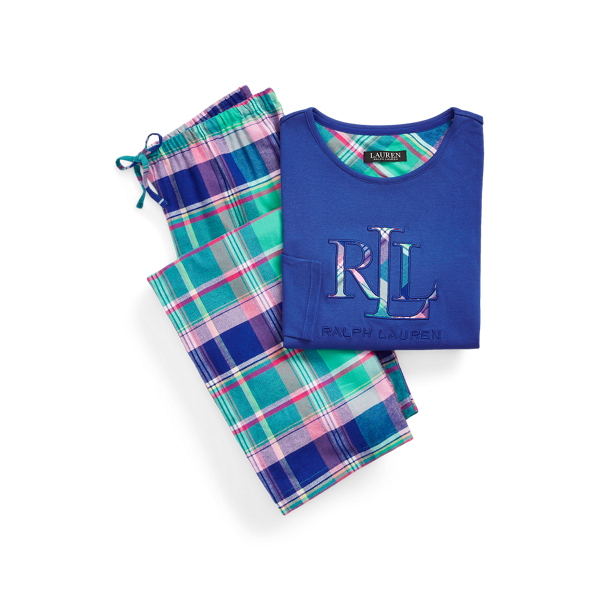 Conj. de pijama de manga comprida xadrez Lauren em 1