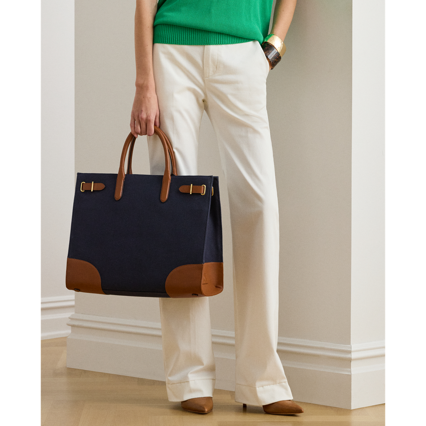 Женская сумка Ralph Lauren Canvas Large Devyn, цвет: Тёмно-синий / Рыжевато-коричневый — фото 5