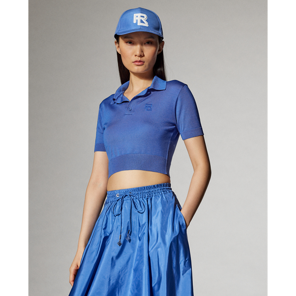 Medium Blue Cropped Silk Jersey Polo Sweater Ralph Lauren Collection 1