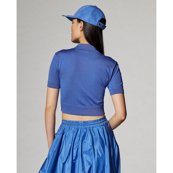 Medium Blue Cropped Silk Jersey Polo Sweater Ralph Lauren Collection 5