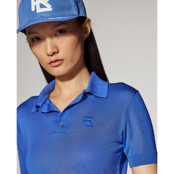 Medium Blue Cropped Silk Jersey Polo Sweater Ralph Lauren Collection 6