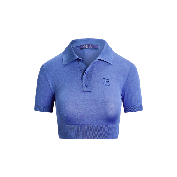 Medium Blue Cropped Silk Jersey Polo Sweater Ralph Lauren Collection 2