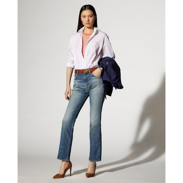 Gestreiftes Rundhals-T-Shirt mit Tasche Ralph Lauren Collection in Mohnorange/Wei&szlig;grau 4