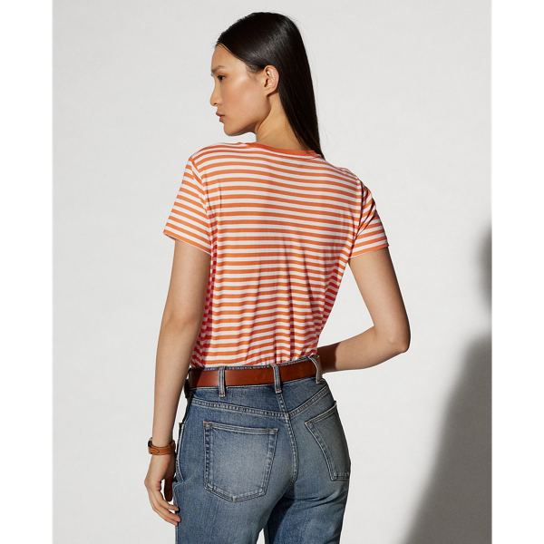 Gestreiftes Rundhals-T-Shirt mit Tasche Ralph Lauren Collection in Mohnorange/Wei&szlig;grau 5