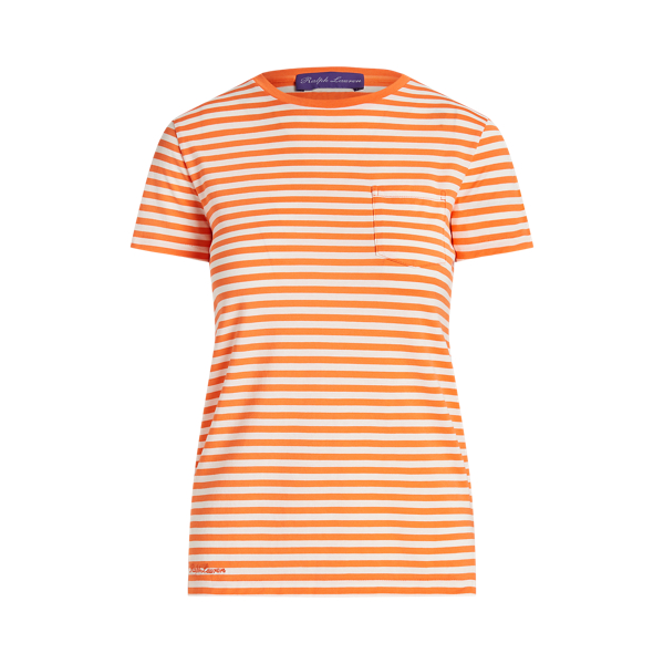 Gestreiftes Rundhals-T-Shirt mit Tasche Ralph Lauren Collection in Mohnorange/Wei&szlig;grau 2