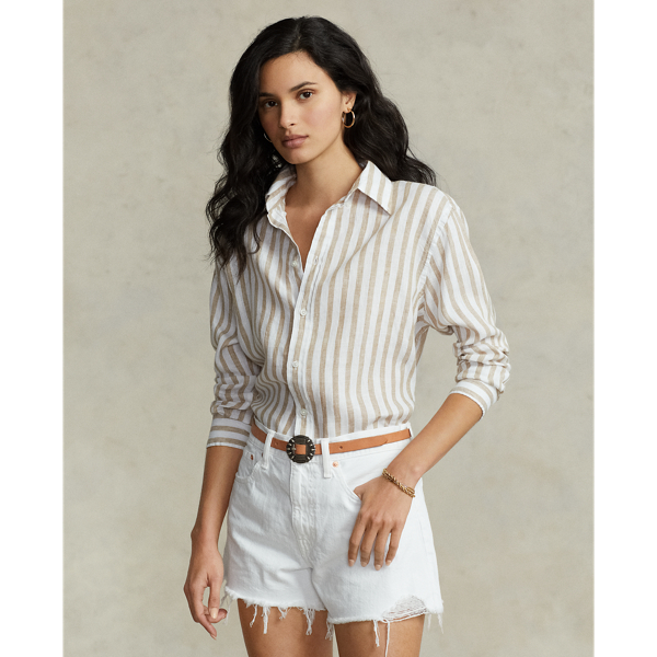 Camel/White Oversize Fit Striped Linen Shirt Polo Ralph Lauren 1