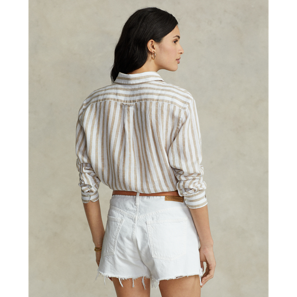 Camel/White Oversize Fit Striped Linen Shirt Polo Ralph Lauren 5