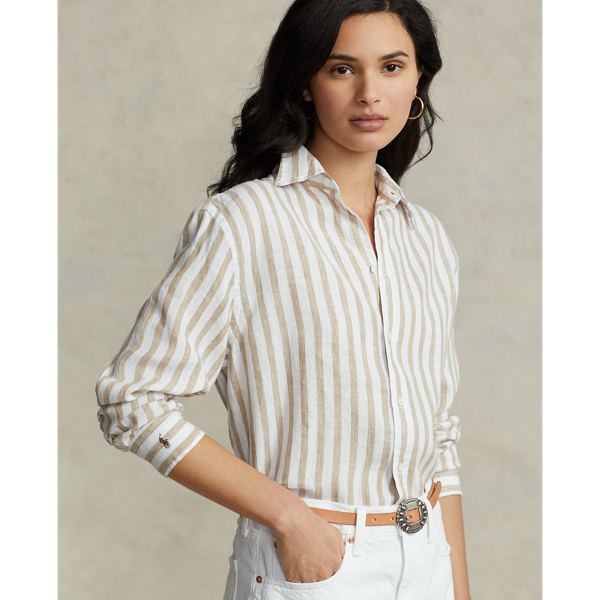 Camel/White Oversize Fit Striped Linen Shirt Polo Ralph Lauren 6