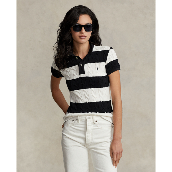 Cream/Black Slim Fit Cable-Knit Polo Shirt Polo Ralph Lauren 1