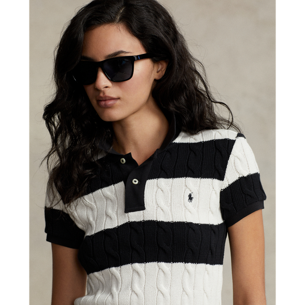 Cream/Black Slim Fit Cable-Knit Polo Shirt Polo Ralph Lauren 6