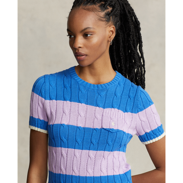 Gestreifter Zopfmuster-Baumwollpullover Polo Ralph Lauren in Colby Blue/Soft Lilac Str 6