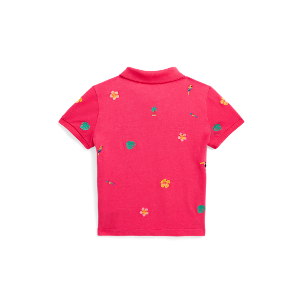 Vibrant Pink Tropical-Embroidery Mesh Boxy Polo Shirt Girls 1.5-6.5 Years 2