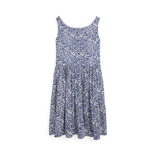 Gebl&uuml;mtes Baumwollkleid Girls 7-14 Years in Sattes Blau/Holzschnitt 2