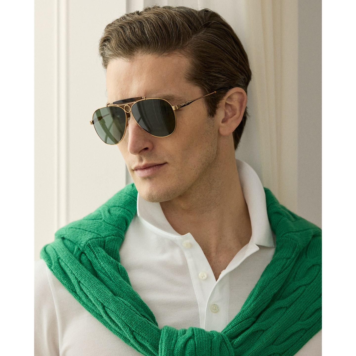 Мужские солнцезащитные очки Ralph Lauren Automotive Metal Pilot Sunglasses, цвет: Состаренный золотой — фото 3