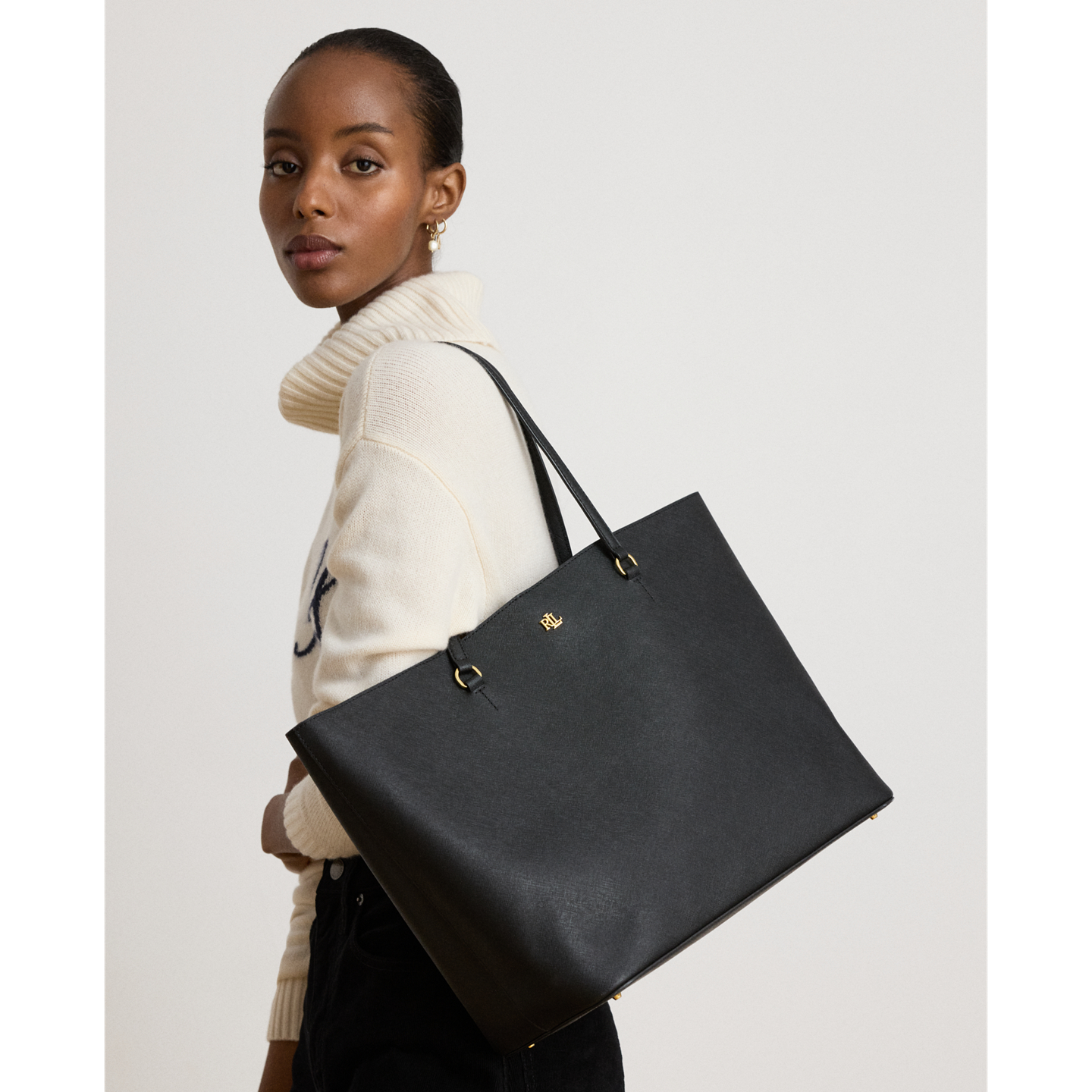 Женская сумка Ralph Lauren Crosshatch Leather Large Karly Tote, цвет: Чёрный — фото 5