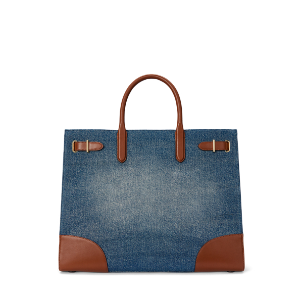 Leather Trim Denim Large Devyn Tote Bag