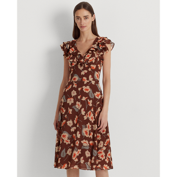 Gebl&uuml;mtes Georgette-Kleid mit R&uuml;schen Lauren Petite in Kastanienbr./Orange/Creme 4