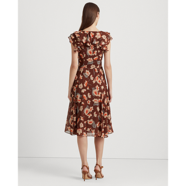 Gebl&uuml;mtes Georgette-Kleid mit R&uuml;schen Lauren Petite in Kastanienbr./Orange/Creme 5