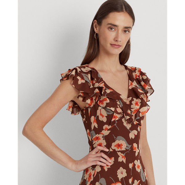 Gebl&uuml;mtes Georgette-Kleid mit R&uuml;schen Lauren Petite in Kastanienbr./Orange/Creme 6