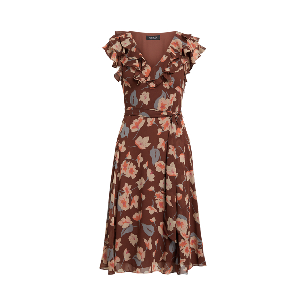 Gebl&uuml;mtes Georgette-Kleid mit R&uuml;schen Lauren Petite in Kastanienbr./Orange/Creme 2