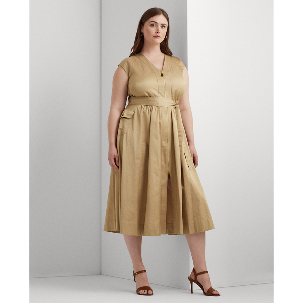 Birch Tan Belted Shantung Cap-Sleeve Dress Lauren Woman 1