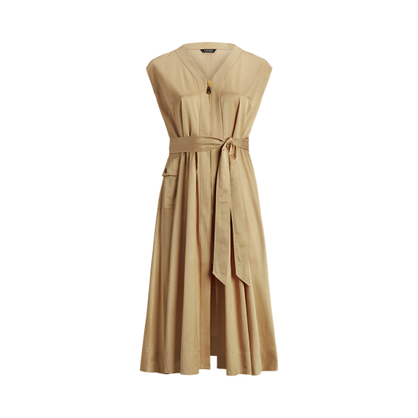 Birch Tan Belted Shantung Cap-Sleeve Dress Lauren Woman 2