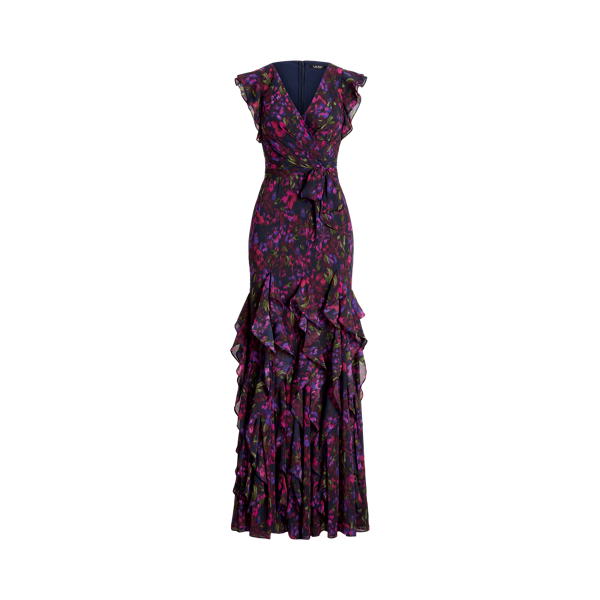 Floral Ruffle Trim Georgette Gown Ralph Lauren