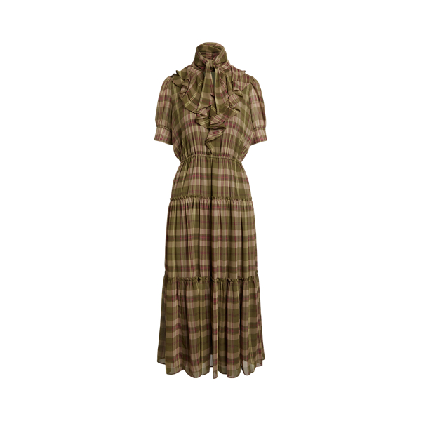 Plaid Crinkle Georgette Tie-Neck Dress Lauren 1