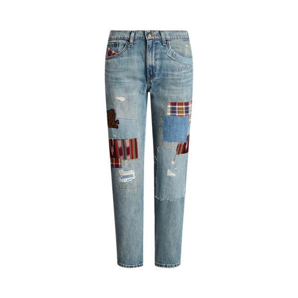 Jean fusel&eacute; d&eacute;contract&eacute; patchwork