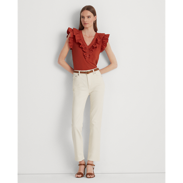 Red Sunstone Ruffle-Trim Cotton Sleeveless Top Lauren 4