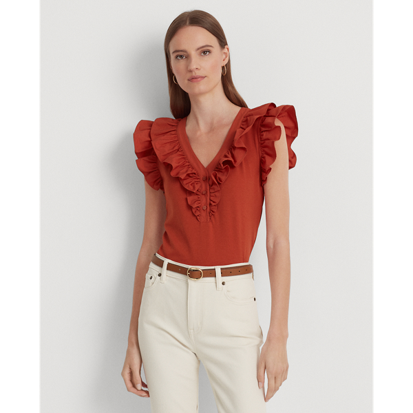 Red Sunstone Ruffle-Trim Cotton Sleeveless Top Lauren 1