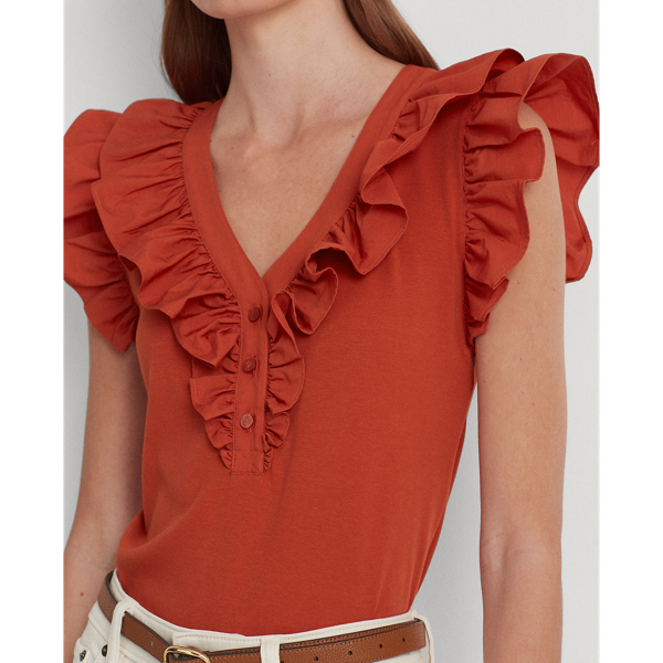 Red Sunstone Ruffle-Trim Cotton Sleeveless Top Lauren 6