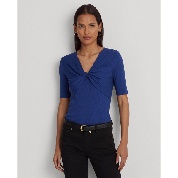 Blue Yacht Twist-Front Rib-Knit Cotton-Blend Tee Lauren 1