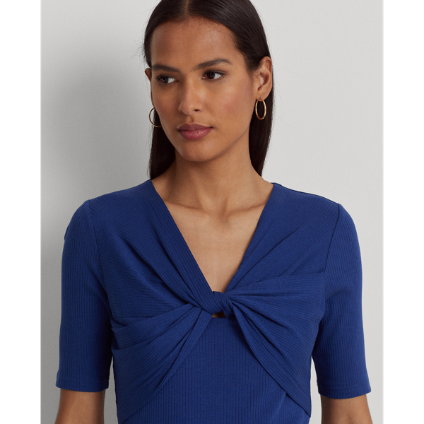 Blue Yacht Twist-Front Rib-Knit Cotton-Blend Tee Lauren 6