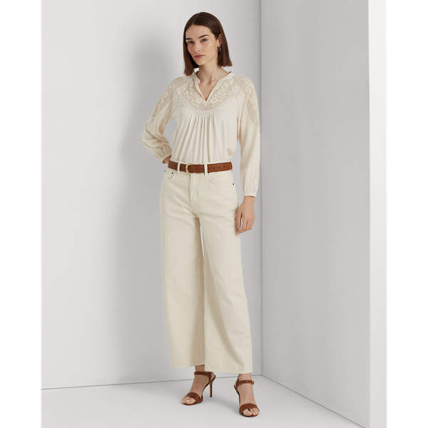 Mascarpone Cream Embroidered Jersey Blouson-Sleeve Top Lauren 4