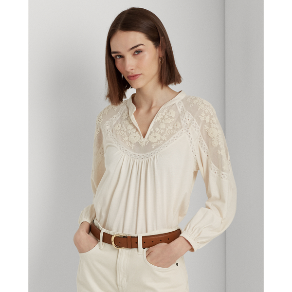 Mascarpone Cream Embroidered Jersey Blouson-Sleeve Top Lauren 1