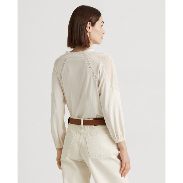 Mascarpone Cream Embroidered Jersey Blouson-Sleeve Top Lauren 5