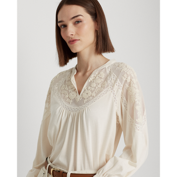 Mascarpone Cream Embroidered Jersey Blouson-Sleeve Top Lauren 6