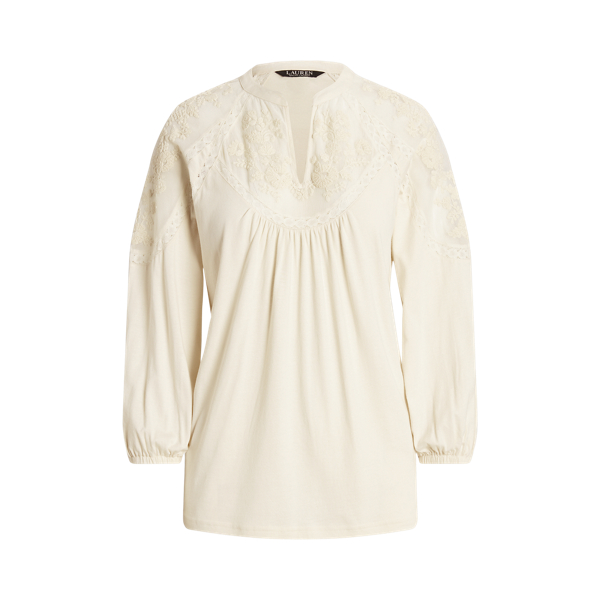Mascarpone Cream Embroidered Jersey Blouson-Sleeve Top Lauren 2