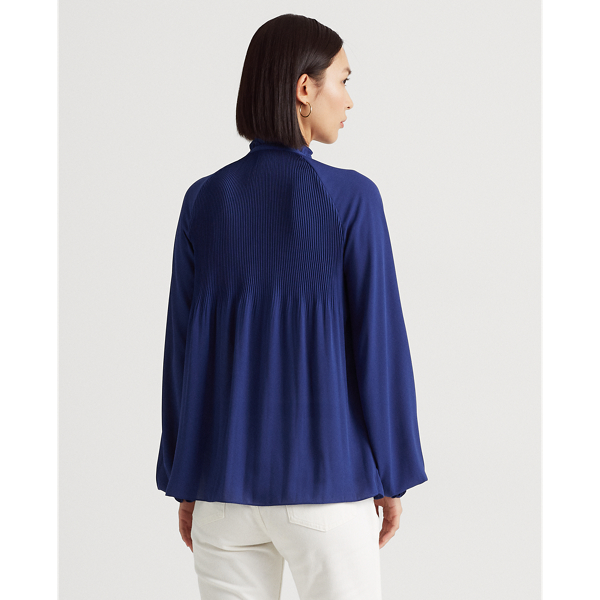Blue Yacht Pleated Georgette Tie-Neck Blouse Lauren 5