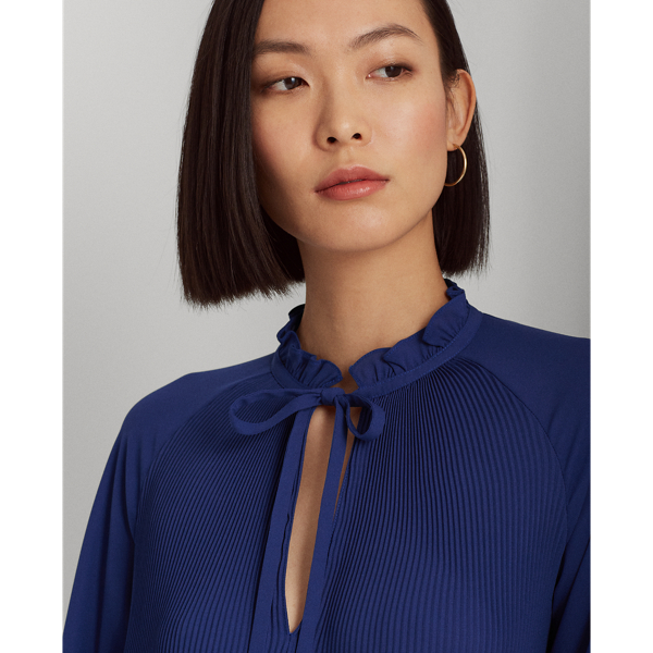 Blue Yacht Pleated Georgette Tie-Neck Blouse Lauren 6