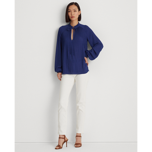 Blue Yacht Pleated Georgette Tie-Neck Blouse Lauren Petite 4